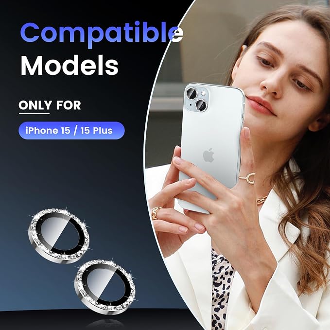 Tensea for iPhone 15/15 Plus Camera Lens Protector Bling, Camera Cover | 9H Tempered Glass Camera Screen Protector, Metal Individual Ring for iPhone15 6.1inch/ 15Plus 6.7inch, HD Clear, Easy Install - Image 2
