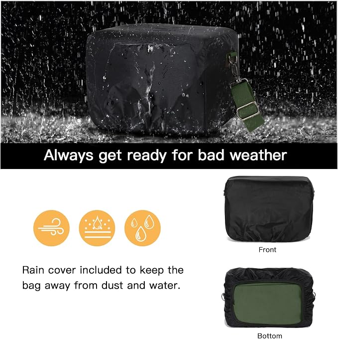 MOSISO Camera Case Crossbody Shoulder Messenger Photography Bag, Army Green | DSLR/SLR/Mirrorless Vintage PU Leather Flap Gadget Bag with Rain Cover Compatible with Canon/Nikon/Sony Camera and Lens - Image 4