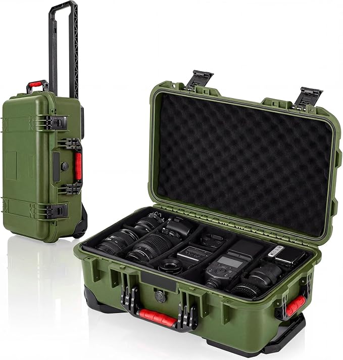 Relaxweex Rolling Camera Hard Case with 15 Padded Dividers & Wheels | Impact-resistant, Protective, Waterproof, Hard Shell Travel Case for Cameras, Lenses & Accessories, 22 x 14 x 9 Inch, Green by Relaxweex