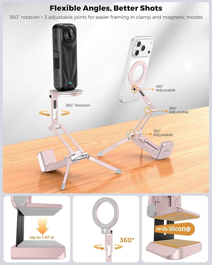 OMOTON TP02-Ultra Magnetic Action Camera Mount for DJI/GoPro iPhone，Pink | Arca-type Adapter with 1/4" Screw, 4 in 1 Phone Tripod for Travel Vlog, Adjustable & Swivel, for iPhone 12-17 Series - Image 8