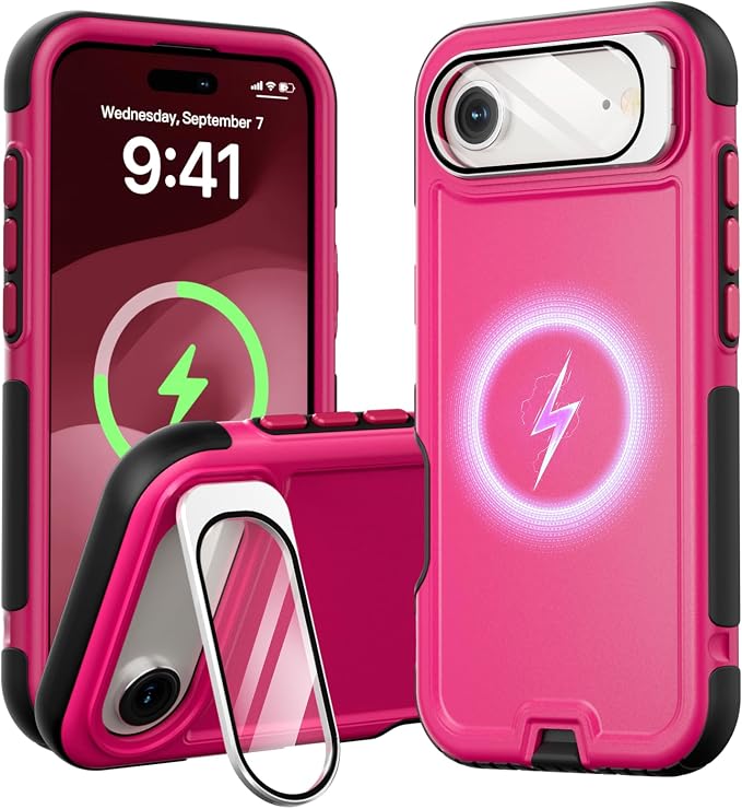 Follaroma Magnetic for iPhone 17 Air Case with Camera Stand, Hot Pink，6.5" | Built-in Glass Camera Cover Stand,Compatible with MagSafe,Heavy Duty Shockproof Protective,Military-Grade Anti-DropDual Case by Follaroma
