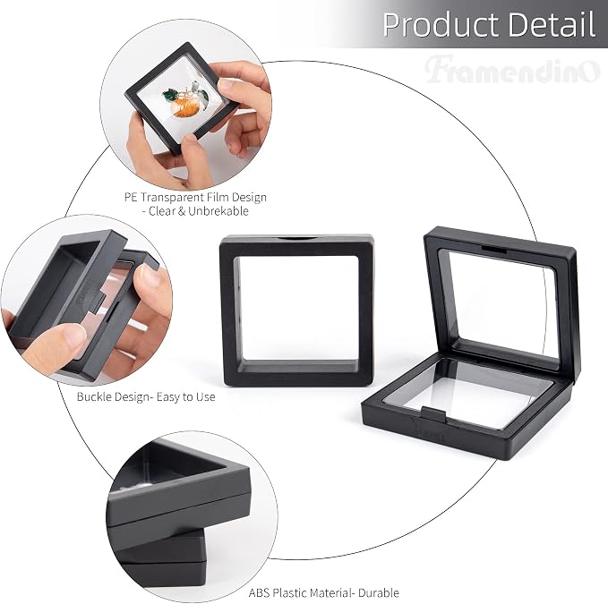 Framendino, 20 Pack Black 3D Floating Frame Display Case Challenge Coin 2.8x2.8x0.8 Holder Stands Jewelry Storage Box for AA Medallion Shells Gems - Image 3