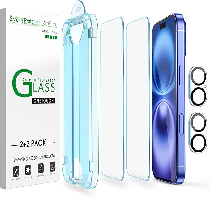 amFilm OneTouch for iPhone 16 Plus Screen Protector 6.7'' Tempered Glass | Auto-Alignment, 30s Install, Bubble Free, Scratch & Drop Protection, HD Clear, Camera Lens Protector, 2+2 Pack (16-6.7'') by amFilm