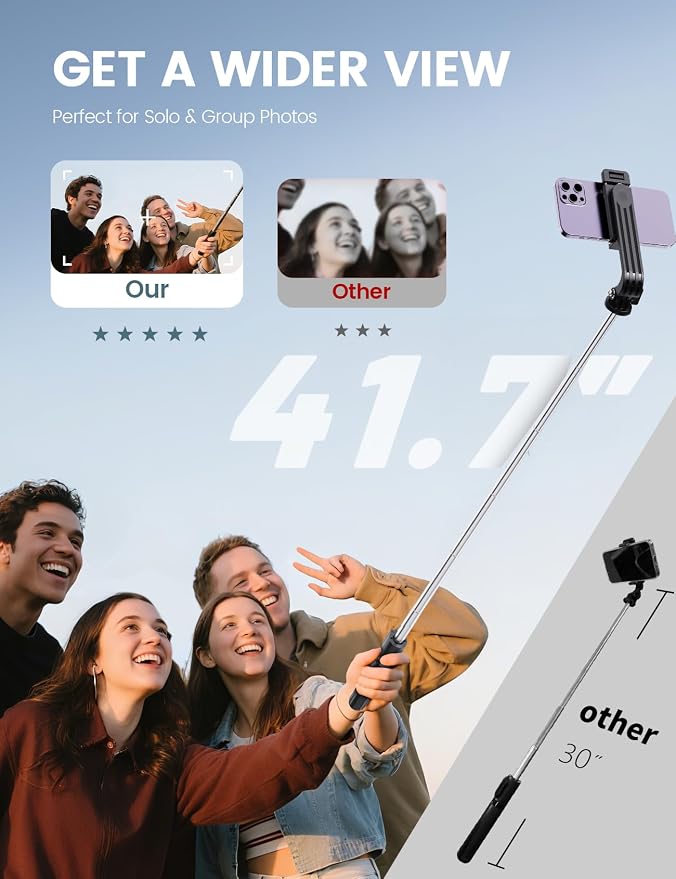ANXRE Extendable Selfie Stick with Wireless Detachable Remote | Compact & Portable for Travel, 41.7" Selfie Stick Compatible with iPhone Samsung Android Smartphones - Image 2