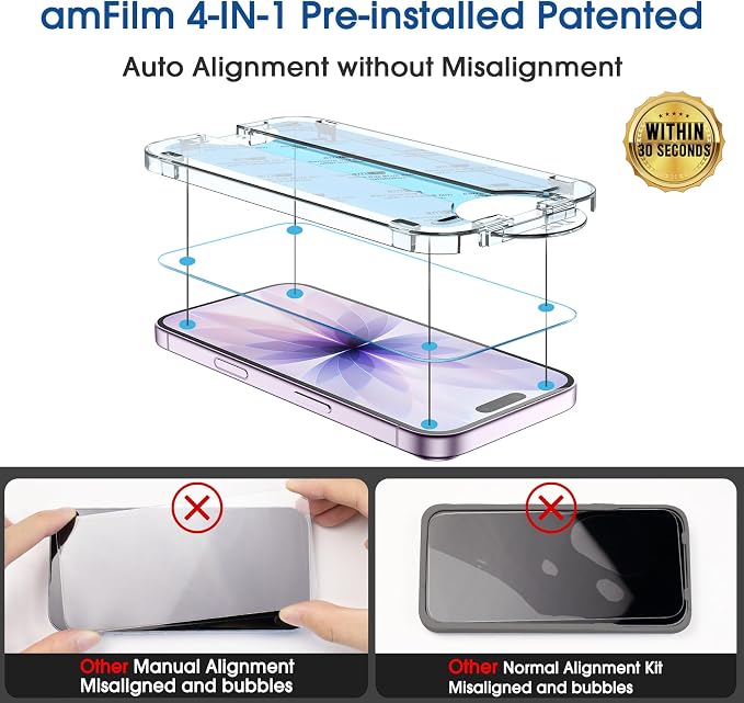 amFilm OneTouch for iPhone 17 Screen Protector 6.3'' Tempered Glass | Auto-Alignment, 30s Install, Bubble Free, Scratch & Drop Protection, HD Clear, Camera Lens Protector, 2+2 Pack (17-6.3'') - Image 3