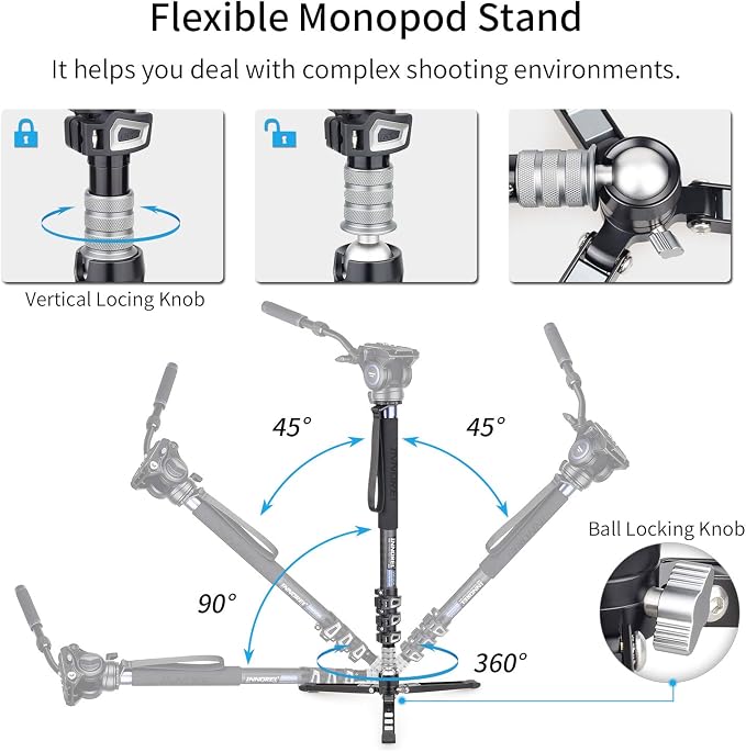 Carbon Fiber Video Monopod Kit-VM70CK Professional Hydraulic Fluid Head Monopod Removeable Multifunctional Travel Tripod Stand for Gopro DSLR Camera Telescopic Camcorders, Max Load 13 pounds/6 kg - Image 9