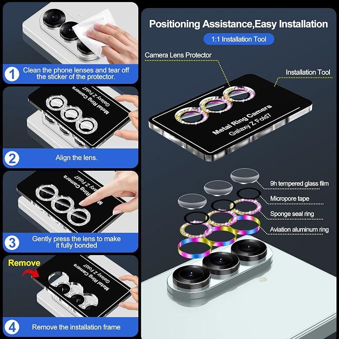 for Samsung Galaxy Z Fold 7 Camera Lens Protector, Individual Metal Ring Tempered Glass Lens Cover, [Strong Adsorption] Scratch Resistant Ultra-Thin HD Clear Lens Cover, 1 Set-Colorful Diamond - Image 6