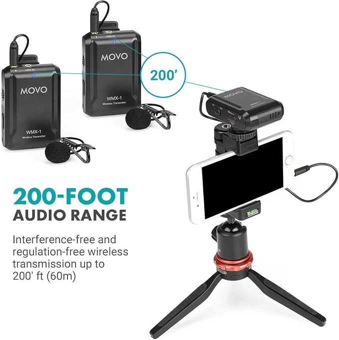 Movo WMX-1-DUO 2.4GHz Dual Wireless Lavalier Microphone System, Compatible with DSLR Cameras, Camcorders, iPhone, Android Smartphones, and Tablets, 200ft Audio Range, Great for Teaching Tutorials - Image 6