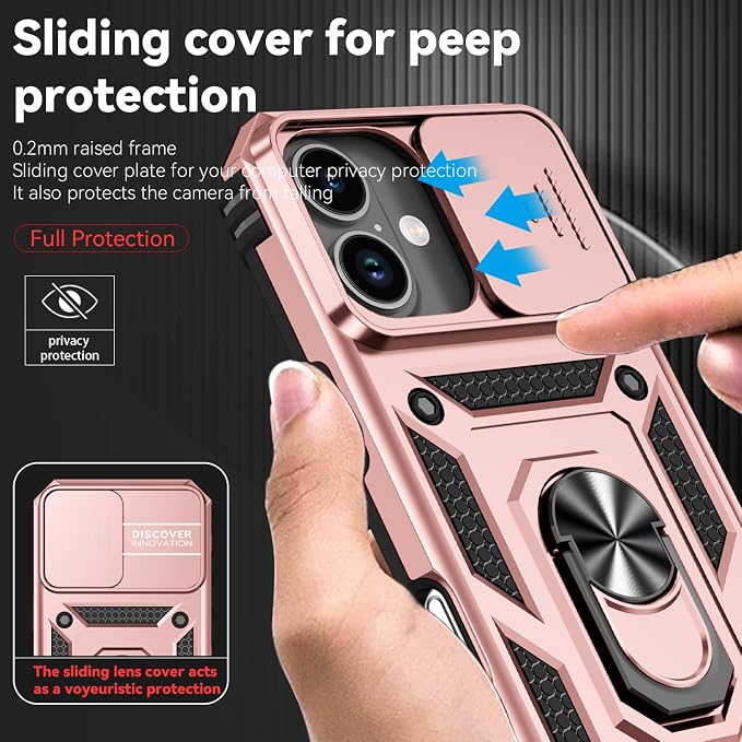 SunStory Phone Case for iPhone 17 Case with HD Screen Protector & Slide Camera Cover & Rotated Ring Kickstand, [Military-Grade] Phone Case for iPhone 17, Rose Gold - Image 3