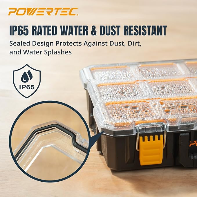 POWERTEC Small Parts Organizer & Tool Box – 10 Compartments, IP65 Water & Dust Protection, Stackable Storage with Interlocking Latch, Removable Tray, Clear Lid, Portable Design, 2-Pack (72365-P2) - Image 6
