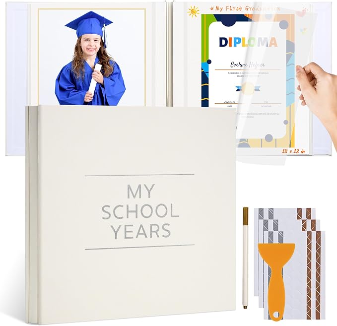Large School Photo Album 12x12In Self Adhesive 40 Pages Beige | Linen cover, Marker, Corner stickers, School memories, Kids keepsake by Hiwhy