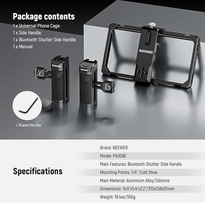 NEEWER Universal Phone Cage Video Rig with Bluetooth Shutter Side Handle | Comfort Grips Smartphone Stabilizer for Video Recording, Compatible with iPhone 16 15 Pro Max 15 Pro Galaxy S24 Ultra, PA009E - Image 8