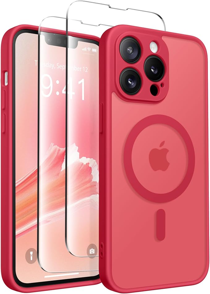 CAPRARO for iPhone 13 Pro Max Case, Compatible with MagSafe Red | Upgraded [Full Camera Protection] Shockproof Protective Slim Translucent Matte Magnetic Phone Case 6.7'', Red by CAPRARO
