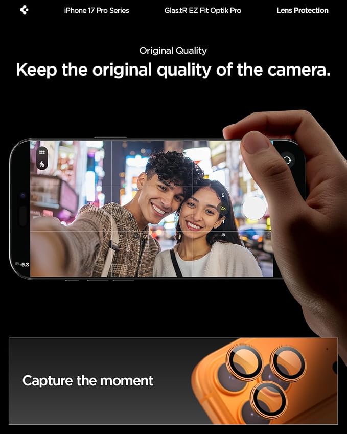 Spigen Camera Lens Protector for iPhone 17 Pro Max / 17 Pro - Orange | GlasTR EZ Fit Optik Pro, 9H+ Tempered glass, Scratch resistant, Auto-align tray, Original photo quality, Case-friendly, 2Pack - Image 3