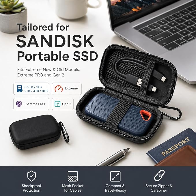 PAIYULE Hard Drive Case for SanDisk Extreme Portable SSD &Extreme PRO SSD | Elastic Strap Secures the SSD, Mesh Pocket Organizes Cables, Carabiner Adds Portability, Case Only(Fullblack, For Sandisk V2) - Image 3