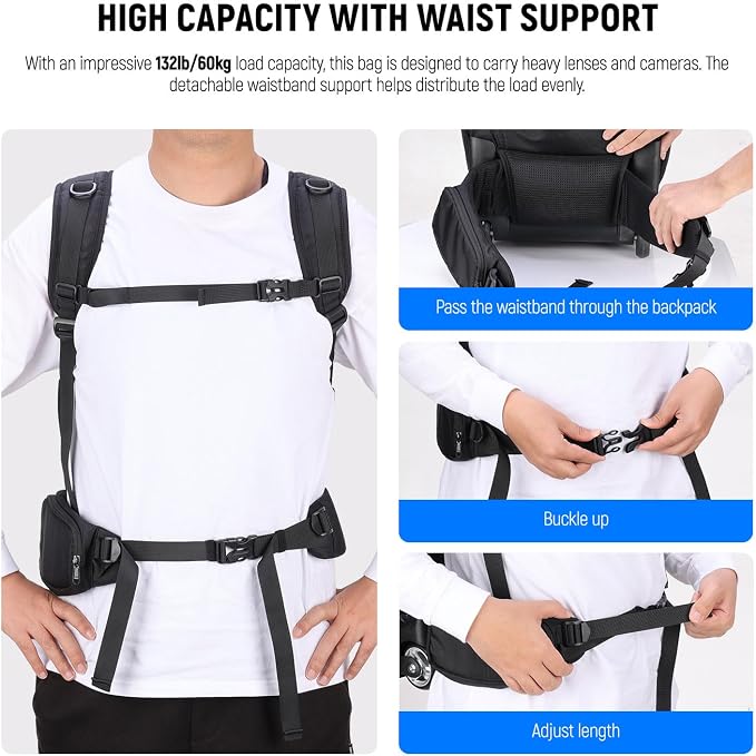 Neewer 2 in 1 Camera Roller Bag with Detachable Shockproof Dividers Retractable Handle Waistband Rain Cover Water Resistant Robust Carry On Backpack for Camera Tripod Flash Lens Laptop, Black, PB027 - Image 6