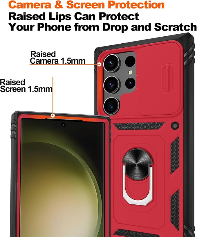 Gritup for Samsung Galaxy S23 Ultra Case with 2PCS Screen Protector, Build in 360° Rotating Ring Kickstand, Military Grade Protective Case for S23 Ultra Phone, Red+Black - Image 5