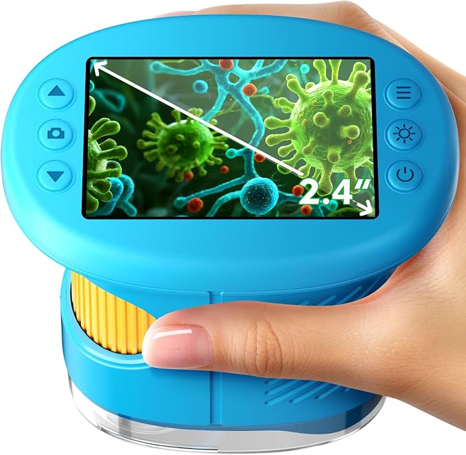 Odatay 4K 1000X Digital Microscope for Kids with 32G Card, Long Distance Viewing & 2.4" Screen Portable Handheld Edu Toys for Age 3-12 Exploring Bugs Plants at Home Classroom & Outdoor Travel, Blue by Odatay