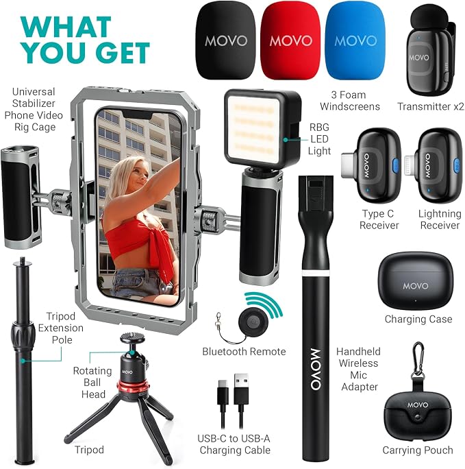 Movo iFilmer-PRO Smartphone Video Rig Kit – Stabilizer Cage with Dual Grips, Wireless Lavalier Microphones & Tripod for iPhone/Android - Image 2
