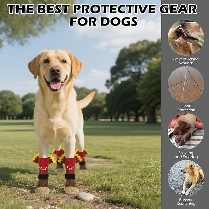 EXPAWLORER Thanksgiving Anti Slip Dog Socks to Prevent Licking Paws,Boots & Paw Protectors with Grippers,Doggie Booties for Hardwood Floors for Small Medium Large Senior Dogs Lifelike Costume Turkey L - Image 8