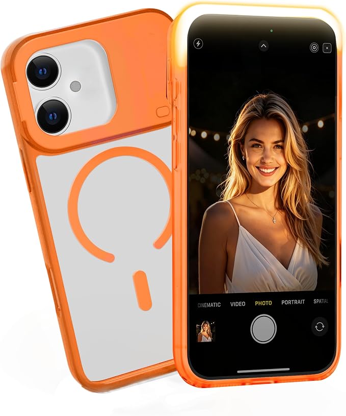 for iPhone 16 Case with Selfie Light, 3 Color Modes Orange | Compatible with MagSafe,Brightness Control, Memory Setting, USB-C Light Charging, Cable Included by GGBON