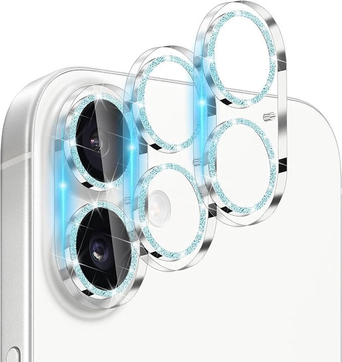 Dengduoduo 3 Pack Camera Lens Protector for iPhone 17, Tempered Glass, Ultra HD, 9H Hardness, Anti-Scratch, Case Friendly [No Affect on Night Shots], Glitter Blue by Dengduoduo
