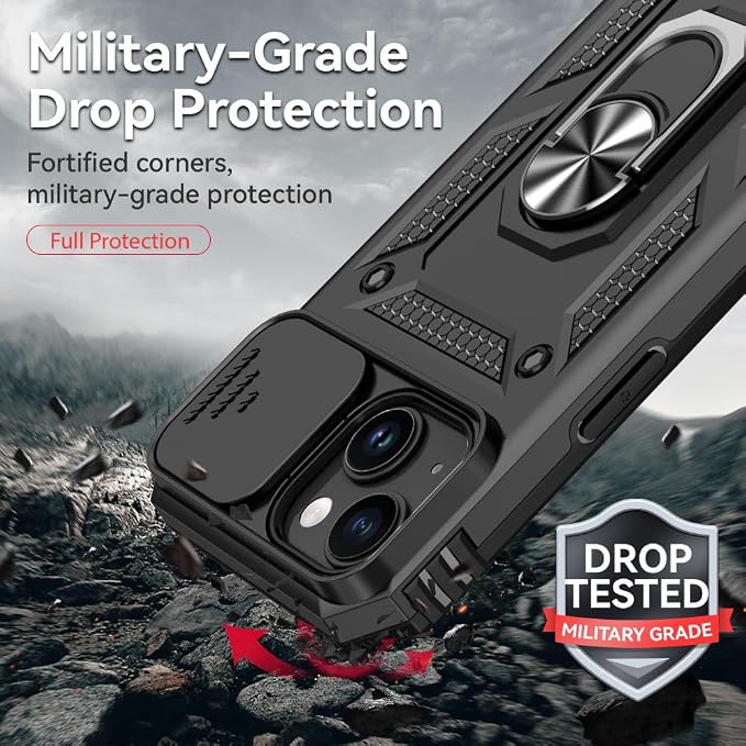 HNHYGETE for iPhone 15 Case with HD Screen Protector: [Military Grade 20ft. Drop Tested] Ring Shockproof Protective Phone Case for - iPhone 15 Black - Image 3
