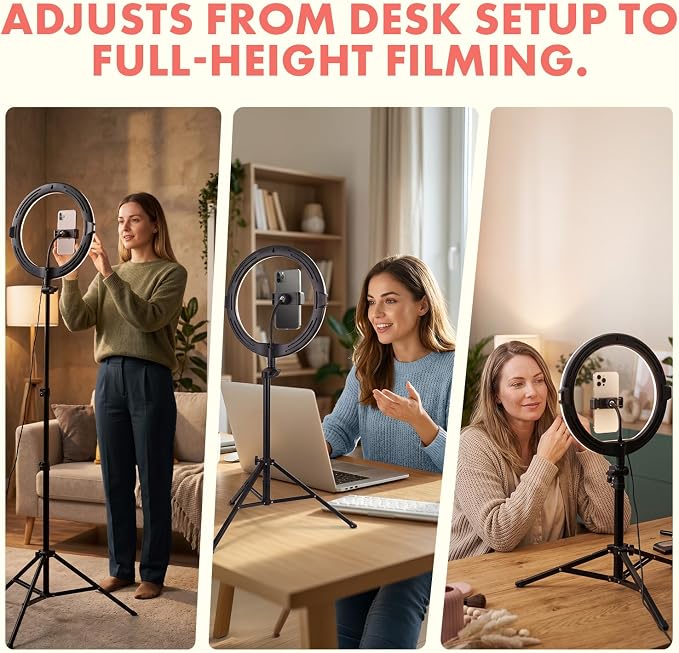 11’’ LED 12W Selfie Ring Light with Wired Control, 3 Color Modes, 10 Brightness Levels, Tripod Stand with 6 Sections, Phone Holder, Adjustable Brightness Levels for Influencers, YouTube, TikTok - Image 5