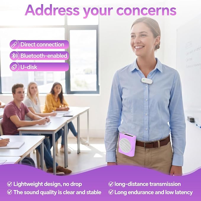 Voice Amplifier for Teachers, Portable Bluetooth Mini Personal Speaker with Wireless Lavalier Mic & Silicone Protective Cover, Ideal for Classroom, Conference and Tour Guide (Purple) - Image 5