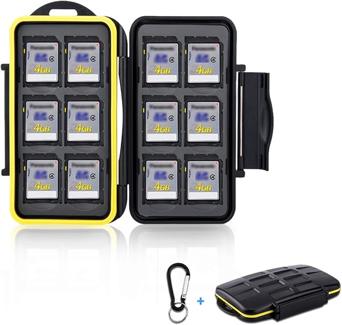 12 Slots SD Memory Card Case Storage, Water-Resistant Anti-Shock SD SDHC SDXC Card Holder Carrying Case with Carabiner by JJC