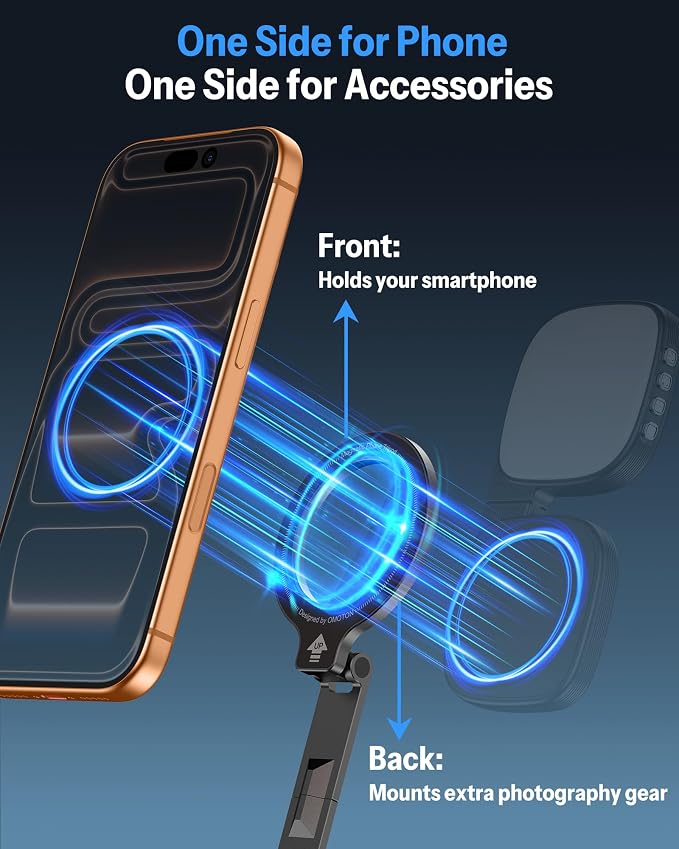 OMOTON TP02-Pro-BK, Basic Vlogging Kit: Dual-Sided Magnetic Phone Mount with 2 Bluetooth Remotes | Arca-type Base with a 1/4" Screw Hole, Selfie Stick with Rear Attachment Ring, for iPhone 12-17 Series, Gym Kitchen Travel - Image 5