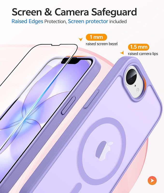 FNTCASE for iPhone 17e/ iPhone 16e Case, Fit for Magsafe, Screen Protector | Translucent Matte Magnetic Back, 14FT Military Grade Drop Protection, Shockproof Protective Phone Cover, Light Purple - Image 4