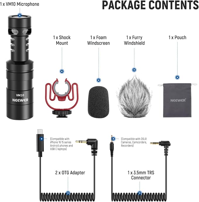 NEEWER Plug & Play Vlog Microphone, 20-20KHz Mini Supercardioid Mic with 3.5mm TRS, USB C OTG Cable, Shock Mount, Windscreen Compatible with iPhone 16 15 14 Samsung S24 Android Tablet Mac Camera, VM10 | 20-20KHz, Compatible with Sony Canon Nikon iPhone... - Image 9