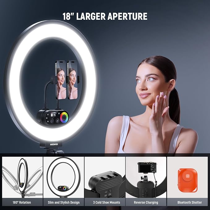 NEEWER RL45C 18" Edge Lit 45W RGB LED Ring Light with Phone Tripod Stand Remote CRI95+ 3100lux/0.5m 2500K–10000K 360° Full Colors App/2.4G Control Compatible with iPhone Selfie Makeup Video Recording - Image 6