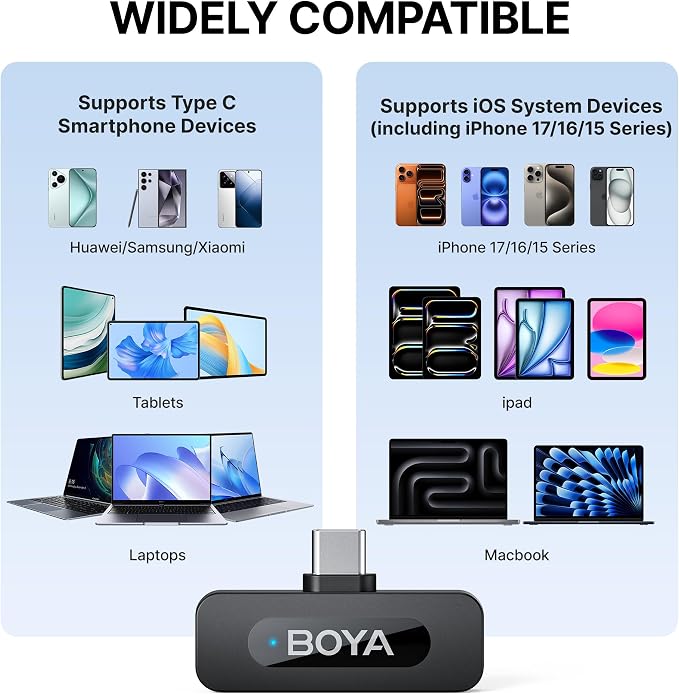 BOYA BY-V20 Wireless Microphones for iPhone 17/16/15 & Android/Laptop | Noise Cancellation, 328ft Range, 9H Battery Life, Mini Mic Clip on Lapel Microphone Wireless for Video Recroding - Image 6