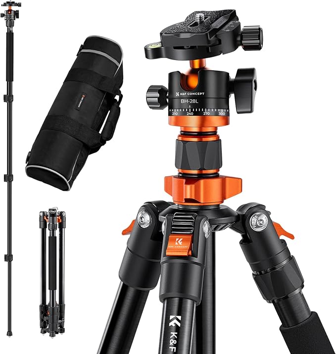 K&F CONCEPT 62" Compact Aluminum DSLR Camera Tripod | Detachable Monopod Tripod, 360° Ball Head, QR Plate, 22lbs Payload for Travel/Work, O254A1+BH-28L by KFCONCEPT