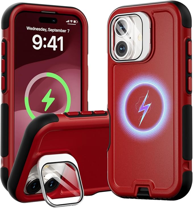 Follaroma Magnetic for iPhone 17 Case with Camera Cover Stand, Red, 6.3" | Built-in Glass Camera Cover Stand,Compatible with MagSafe,Heavy Duty Shockproof Protective,Military-Grade Anti-DropDual Case by Follaroma