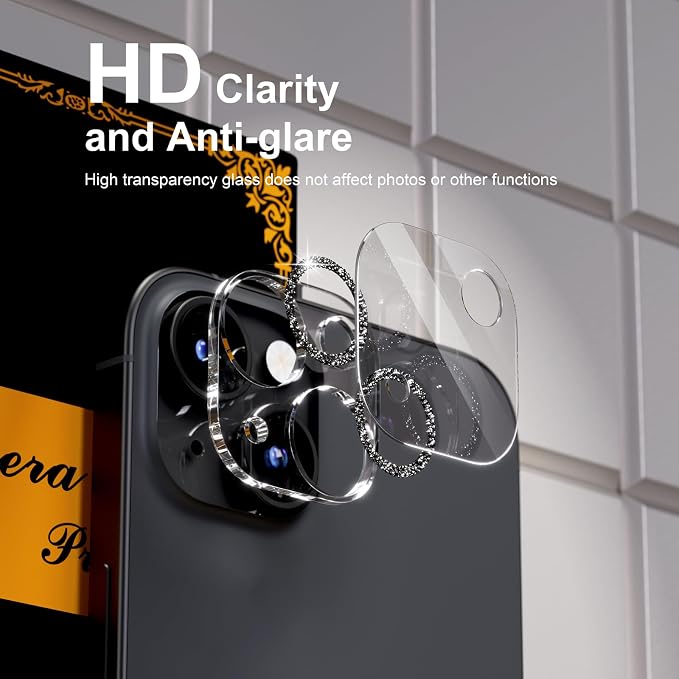 for 6 Pack iPhone 15 / iPhone 15 Plus Camera Lens Protector [Drop Protection] [Case Friendly] [Easy Installation] 9H Tempered Glass Camera Screen Protector Cover Accessories, Glitter Black - Image 7