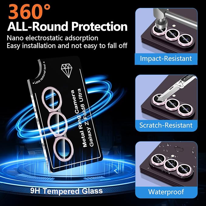 for Samsung Galaxy Z Fold 8 Ultra Camera Lens Protector, Individual Metal Ring Tempered Glass Lens Cover, [Strong Adsorption] Scratch Resistant Ultra-Thin HD Clear Lens Cover, 1 Set-Pink - Image 2