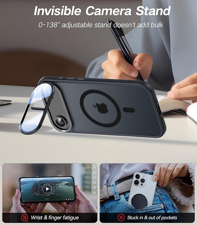 VOFATA [Upgraded Full Camera Protection] for iPhone Air Case with Camera Cover Stand [Fit for MagSafe][10FT Mil-Grade Protection] Translucent Magnetic Phone Cover for iPhone 17 Air Case, Black - Image 3