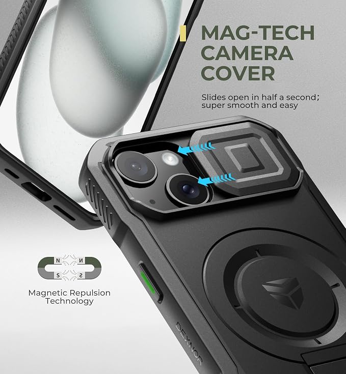 Dexnor for iPhone 15 Case with Slide Camera Cover & Adjustable Kickstand, Compatible with MagSafe, Rugged Shockproof Bumper Cases Heavy-Duty Magnetic Protective Cover,6.1 inch,Black - Image 4