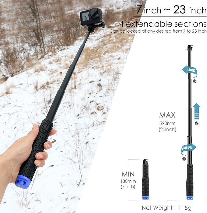 7''-23'' Extendable Selfie Stick for GoPro Action Camera | Waterproof Handle Grip Monopod Portable Extension Pole for Hero 13 12 11 10 9 8 7/DJI Osmo Action 6 5 Pro 4 for Travel Vlog - Image 2