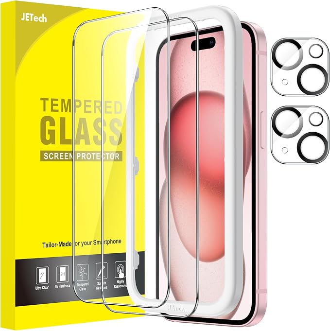 JETech Screen Protector for iPhone 15, 2+2 Pack | with Camera Lens Protector, HD Clear Tempered Glass, Anti-Scratch Protection, Easy Installation Tool by JETech