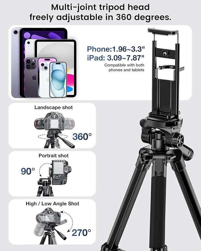 CAMBOFOTO 73" Camera Tripod and Monopod, Aluminum Tripod Stand/Black | for Professional Camera/Mirrorless/DSLR/Cell Phone/Camcorder/GoPro, with Phone Holder/Travel Bag - Image 5