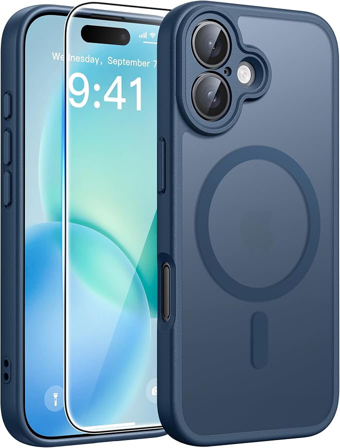 FNTCASE for iPhone 16 Case, Fit for Magsafe, Screen Protector, Blue | Full Camera Protection, Translucent Matte, 14FT Military Grade Drop Proof, Shockproof Protective Phone Cover by FNTCASE