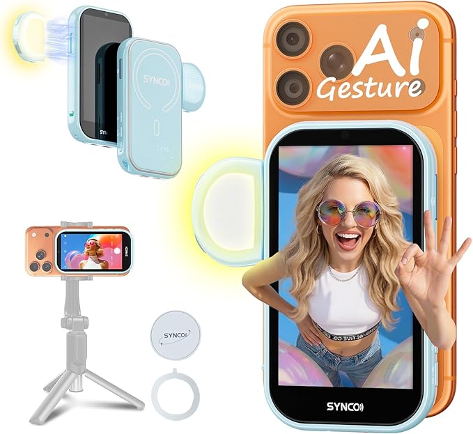 SYNCO Wireless AI Selfie Monitor Screen for iPhone 7-17 Series（Blue） | AI Gesture‑Controlled Phone, 3‑Mode Fill Light, Wireless & Wired Switch Freely, 4.02″Larger Display for TikTop, Youtube by SYNCO