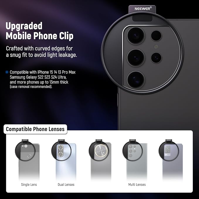 NEEWER 67mm Phone Filter Mount, Adjustable Threaded Lens Filter Clip with Cold Shoe Mount Compatible with iPhone 17 16 15 Pro Max Plus 14 13 Samsung Galaxy S25 Ultra S24, LA006 - Image 3