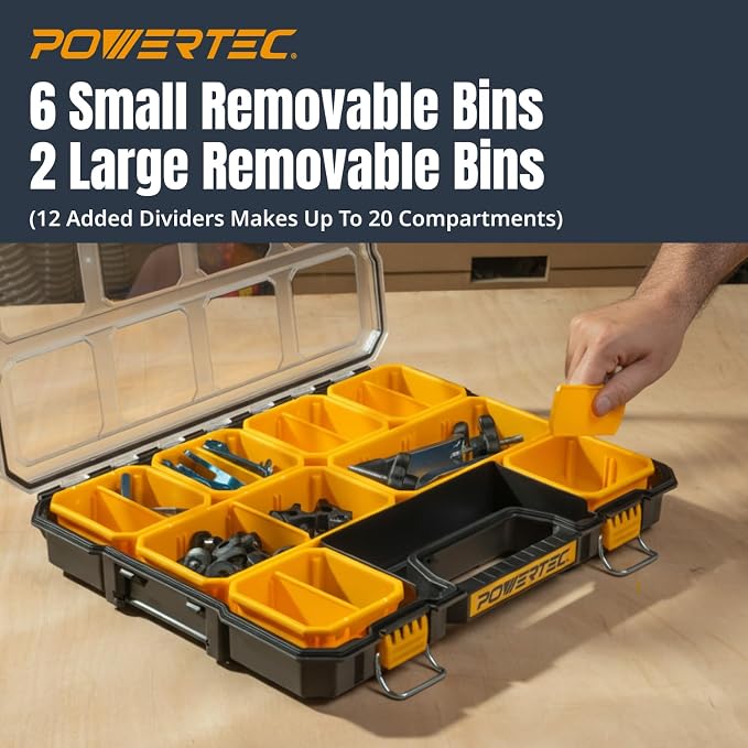 POWERTEC Small Parts Organizer & Tool Box – 20 Compartments, IP65 Water & Dust Protection, Stackable Storage with Interlocking Latch, Removable Bin, Dividers, Clear Lid, Portable Design (72366) - Image 3
