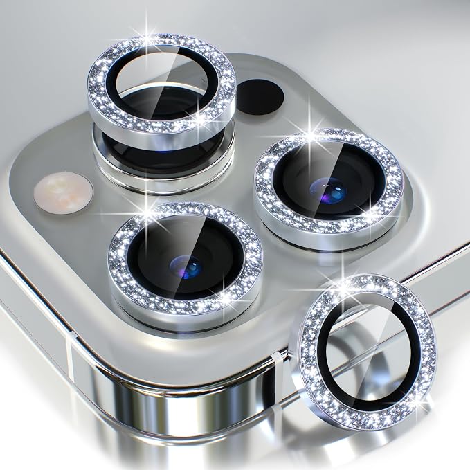 Choiche for iPhone 13 Pro/iPhone 13 Pro Max Camera Lens Protector | Ultra HD, Bling 9H Tempered Glass Camera Cover Screen Protector Metal Ring Decoration Accessories (Glitter-Silver) by Choiche