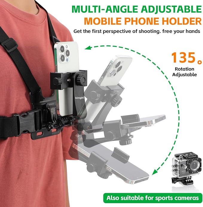 KINGKI Mobile Phone Chest Strap Harness Mount Head Strap Holder Kit for POV/VLOG,Cell Phone Clip Compatible with iPhone,Samsung,GoPro Hero 12, 11,10, 9, 8, AKASO,DJI Osmo,and Action Cameras… - Image 5